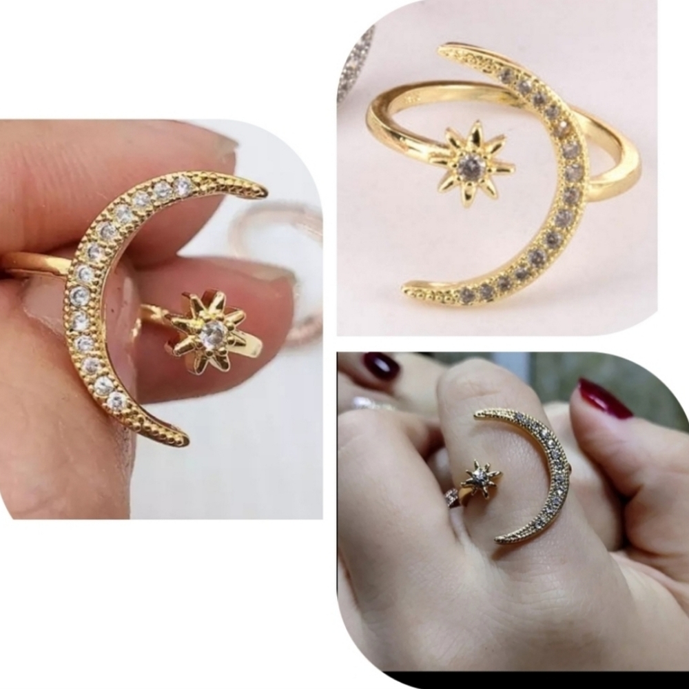 NWOT Goldplated Adjustable Ring Moon/Star Rhinestones NWOT